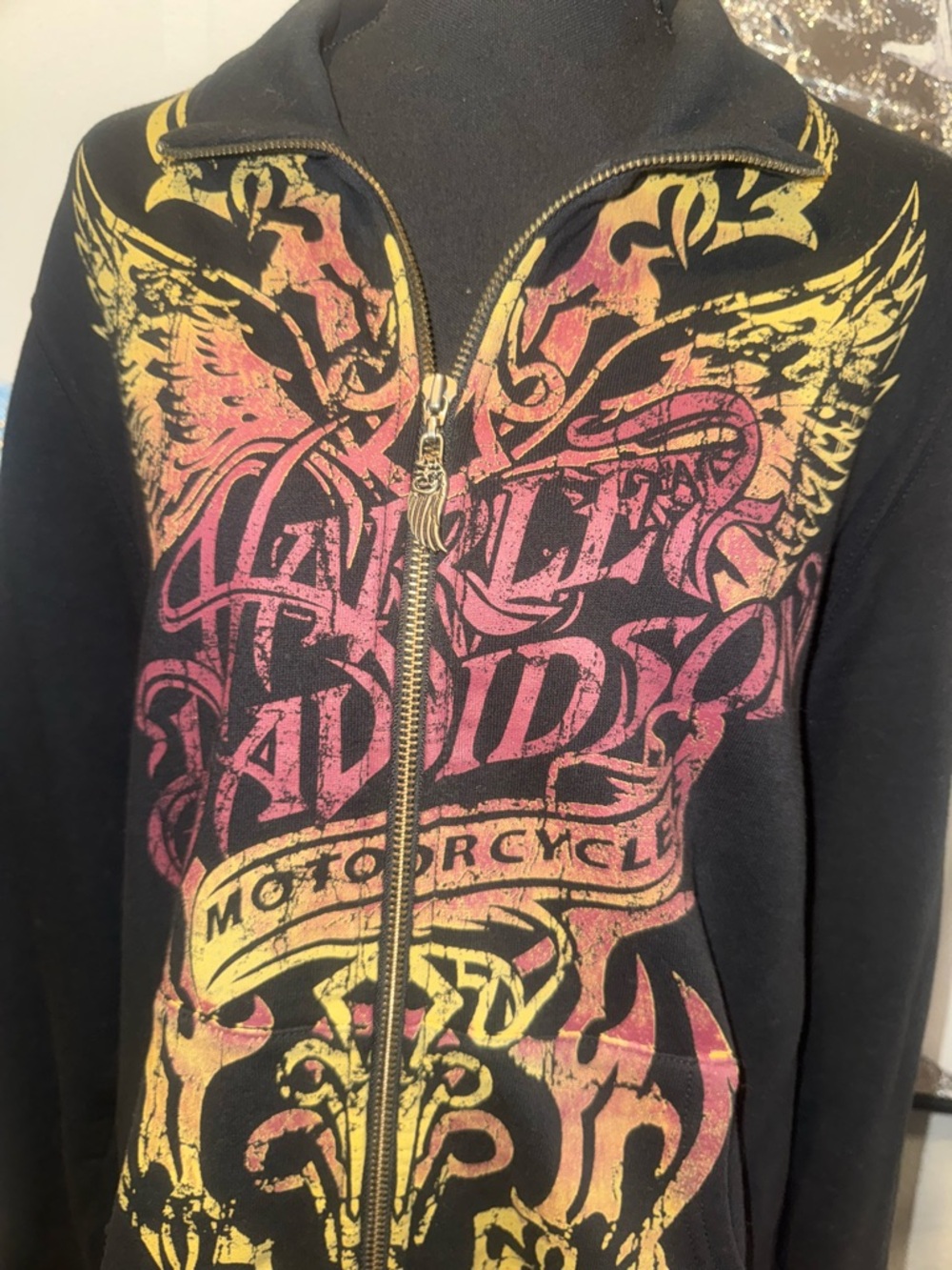 Harley-Davidson Black Zip Front Jacket with Pink and Yellow Graphic - Picture 2 of 5